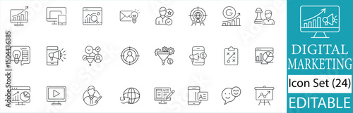 Digital Marketing Creative Agency Line Icons Set SEO Social Media Analytics Strategy Business Promotion Symbols Editable Vector Graphics