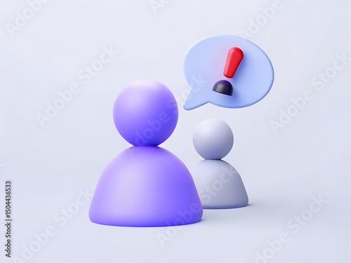 Design Minimalist 3D Purple and White Figures Icon with Alert Speech Bubble for Communication Apps and Notification Websites with Modern Look