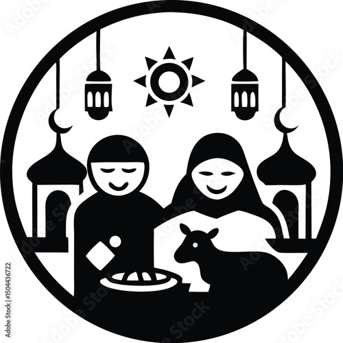 Eid al-Adha Vector Icons Set – Muslim Family, Mosque, Lantern, and Sacrifice Scenes