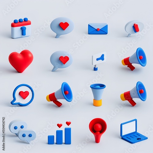 Comprehensive 3D Icon Suite with Heart Megaphone Calendar Chart and Laptop for Social Media Scheduling and Analytics Design