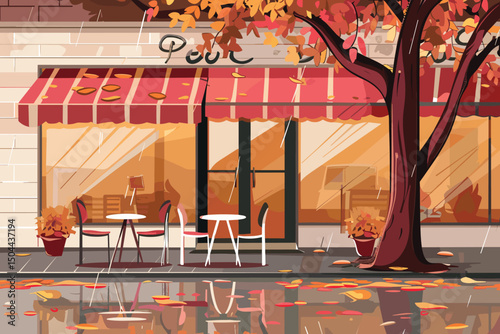 Urban cafe on city street corner. Vector cartoon illustration of coffee shop facade with furniture outdoors, paper cups on table, wooden chairs under umbrella. Modern cafeteria decorated with garland.