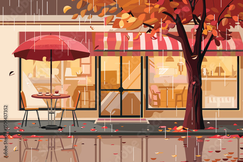 Urban cafe on city street corner. Vector cartoon illustration of coffee shop facade with furniture outdoors, paper cups on table, wooden chairs under umbrella. Modern cafeteria decorated with garland.