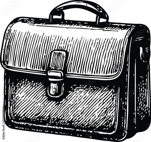 Black and white vintage illustration of a classic briefcase with a top handle, flap closure, and buckle straps, symbolizing business, office work, professionalism, and executive style