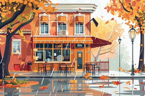 Urban cafe on city street corner. Vector cartoon illustration of coffee shop facade with furniture outdoors, paper cups on table, wooden chairs under umbrella. Modern cafeteria decorated with garland.