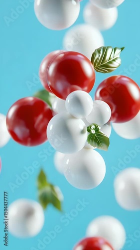 Tomato mozzarella balls floating in blue background