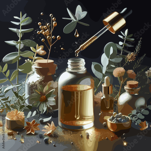 Elegant arrangement of essential oils with natural elements and botanical decorations