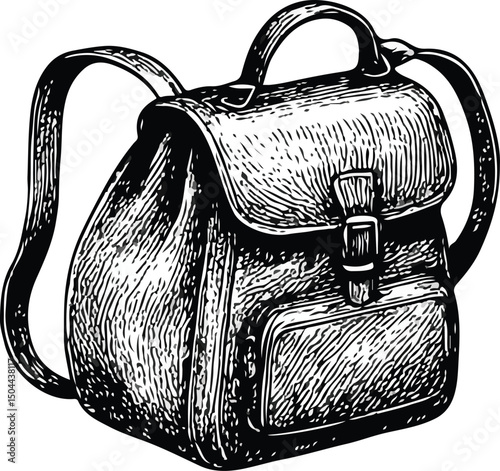 Black and white vintage illustration of a shoulder bag with flap closure, buckle, and adjustable strap, representing casual style, everyday carry, and versatile fashion accessory