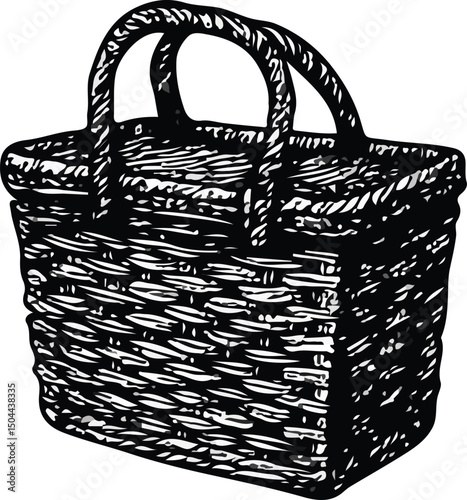 Black and white vintage illustration of a woven basket with two handles, symbolizing rustic charm, handmade craft, storage, market shopping, and natural materials