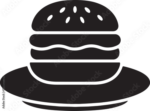 Silhouette vector of a burger on a round tray, perfect for food service, restaurant branding, menu design, and fast food promotions.