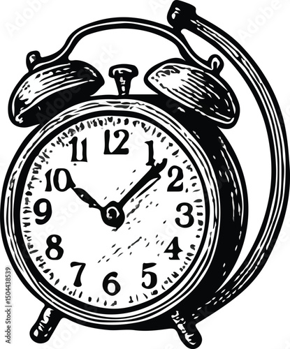 Vintage hand-drawn alarm clock with bells, roman numerals, and ornate details; black and white sketch style