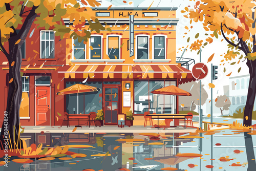 Urban cafe on city street corner. Vector cartoon illustration of coffee shop facade with furniture outdoors, paper cups on table, wooden chairs under umbrella. Modern cafeteria decorated with garland.