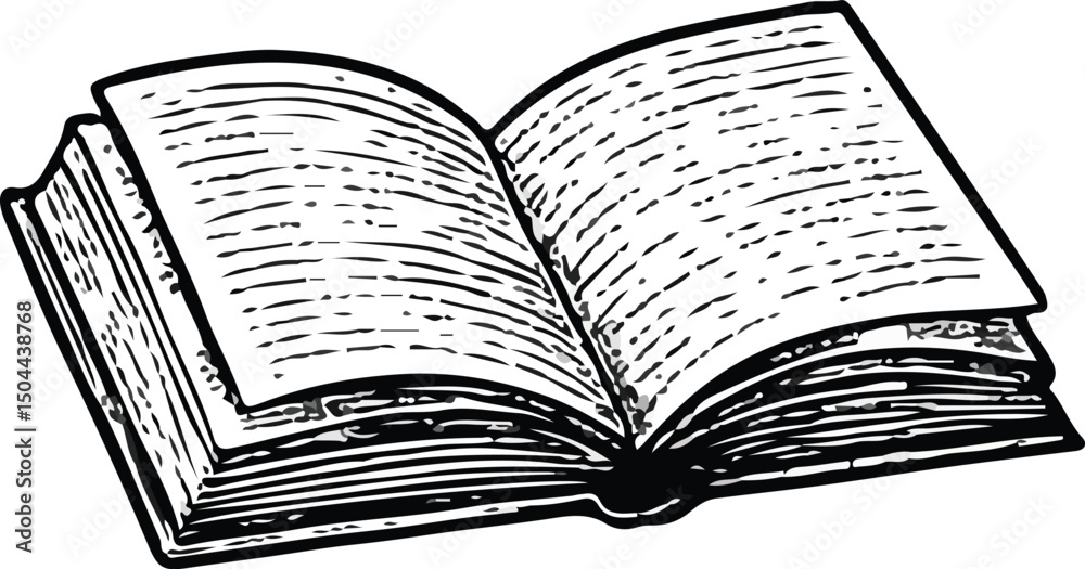 Obraz premium Black and white vintage line drawing of an open book with visible text, symbolizing knowledge, education, literature, reading, learning, study, and classic printed media