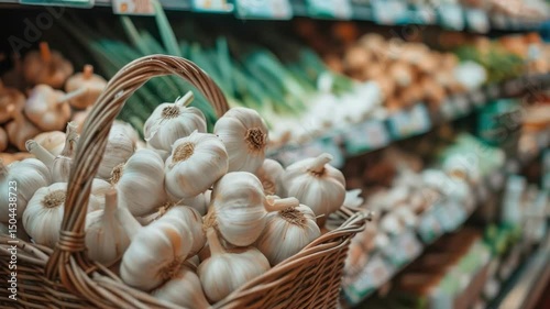 Fresh Organic Garlic in a Wooden Basket Surrounded by Colorful Vegetables in a Grocery Store Aisle  4k video footage