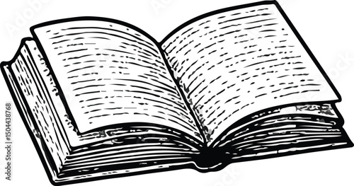 Black and white vintage line drawing of an open book with visible text, symbolizing knowledge, education, literature, reading, learning, study, and classic printed media