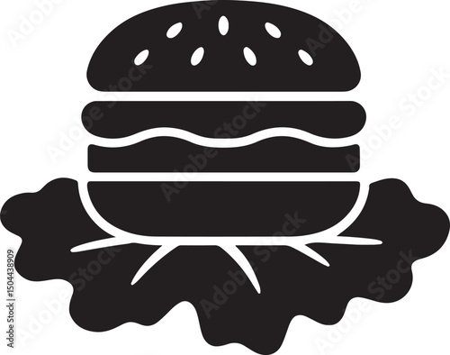 Silhouette vector of a burger resting on a lettuce leaf, ideal for healthy fast food concepts, menus, and restaurant branding projects.