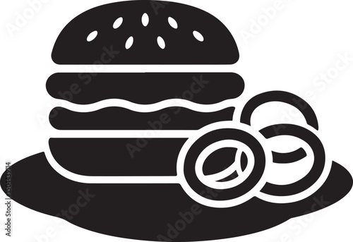 Silhouette vector of a burger served with onion rings, ideal for fast food menus, restaurant branding, and snack bar promotional designs.