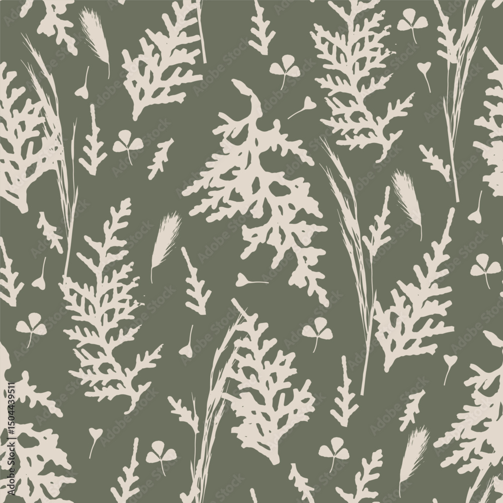 Fototapeta premium Cute floral seamless pattern with silhouettes of meadow wild herbs flowers. Flower vector illustration background. Print in rustic vintage style, textile or wallpapers.