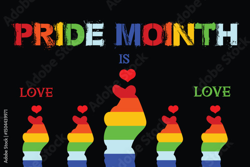 Pride Month vector with rainbow icons and love messages