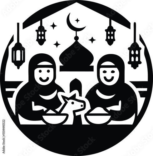 Eid al-Adha Vector Icons Set – Muslim Family, Mosque, Lantern, and Sacrifice Scenes