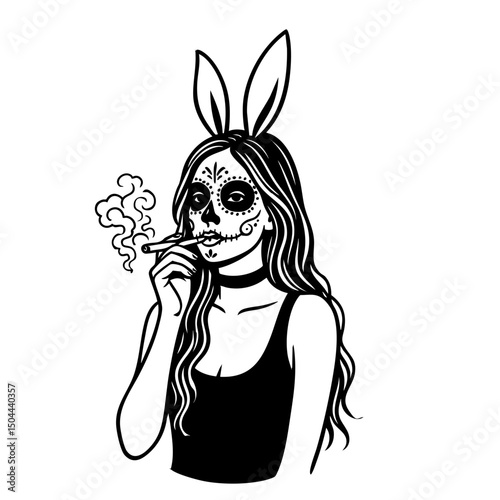Bunny Girl Smoking Black and White isolated vector svg cut file clipart silhouette
