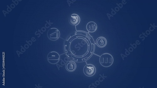 Wallpaper Mural Neon Digital Interface with Security Shields, Data Analytics, Privacy Elements, Network Connections, and Progress Indicators on a High-Tech Grid Background, Modern Security and Data Management. Torontodigital.ca