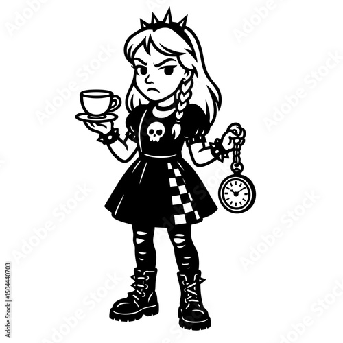 little girl with a clock Vector Black and White Clipart Cut File Svg Silhouette Isolated Alice