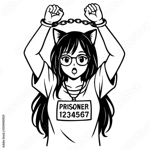 Handcuffed cat girl Vector Black and White Clipart Cut File Svg Silhouette Isolated