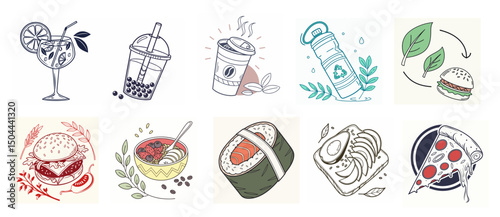 Food & Drink Vector Icon Set – Vegan Meals, Bubble Tea, Street Food, Eco Packaging & Healthy Snacks Vector editable stroke  photo