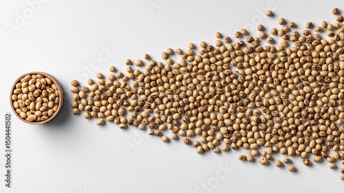 Numerous light brown beans scattered from wooden bowl across stark white background pattern like photo