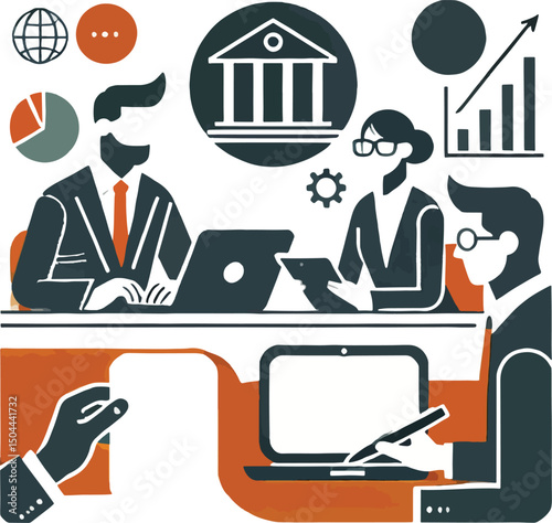 Business professionals engaged in meeting discussing financial strategy and analysis