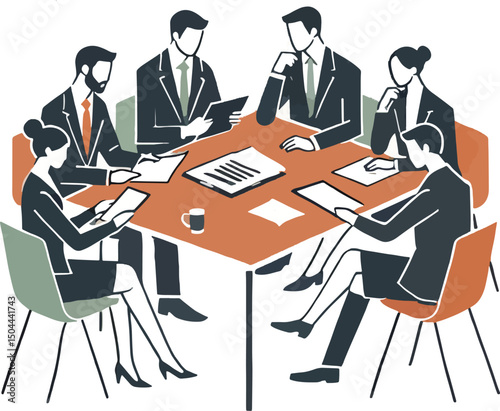 Business professionals gathered around a conference table discussing plans and projects together.