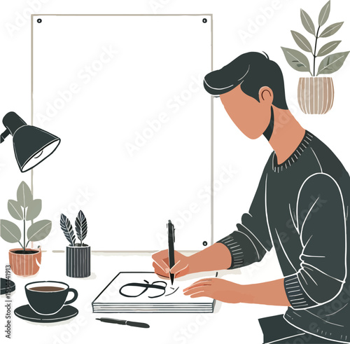 Creative individual sketching or writing at a desk with coffee and plants in flat illustration