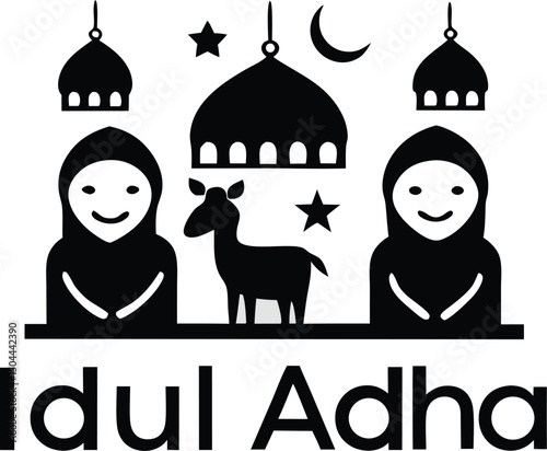 Eid al-Adha Vector Icons Set – Muslim Family, Mosque, Lantern, and Sacrifice Scenes
