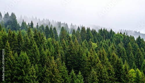 Panorama of a misty evergreen forest with spruce in foreground and sky fading to tran