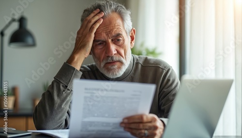 Worried senior man reads document, laptop on desk. Mature person deals with paperwork, financial issues, health concern. Elderly man with gray hair reviews information, considers tax, legal issues.