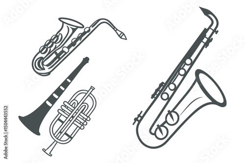 Vector art illustration set featuring a vintage saxophone with musical notes, brass instruments, and other jazz music symbols