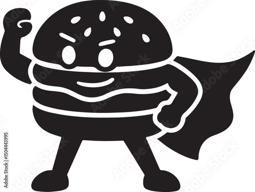 Silhouette vector of a burger as a cartoon superhero, perfect for fun food branding, kids’ menus, and playful restaurant promotions.