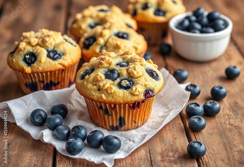 Warm, crumbly blueberry muffins on a rustic wooden table,   food blogger,  homemade