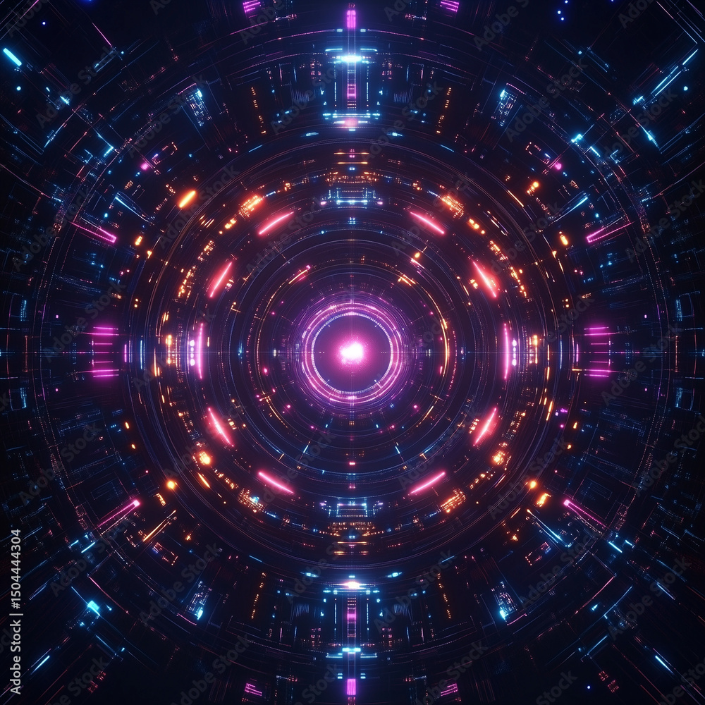 Abstract neon mandala with vibrant glowing patterns in circular design  