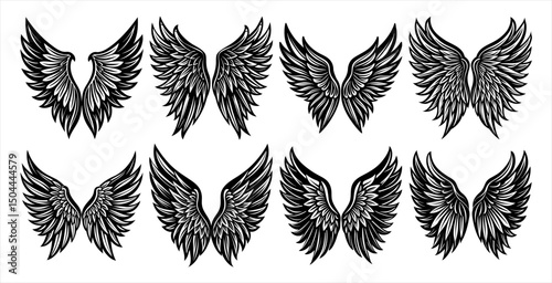 Flying Angel and Bird Wings Vector Design Set – Elegant and Spiritual Feather Illustrations for Logo Designers, Tattoo Artists, and Fantasy Art Projects.
