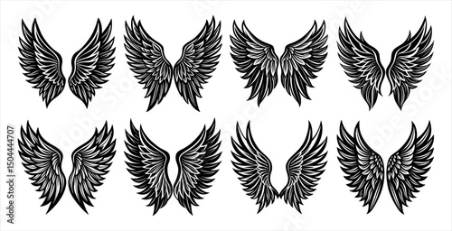 Fantasy Angel Wings and Bird Feather Elements – Intricate Vector Set for Tattoo Artists, Graphic Designers, Spiritual Logos, and Religious Projects.