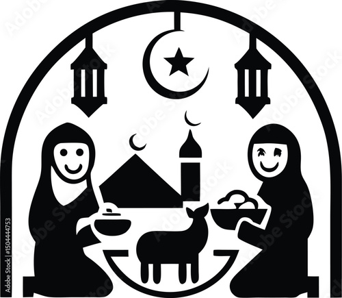 Eid al-Adha Vector Icons Set – Muslim Family, Mosque, Lantern, and Sacrifice Scenes