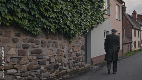 Man walks along ivy-covered wall in small village during overcast day