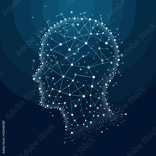 Abstract digital representation of a human head with interconnected nodes and lines