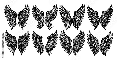 Celestial Feather Wings Vector Bundle – Angelic and Bird Wing Art for Religious Projects, Tattoo Artists, and Fantasy Graphic Creators.