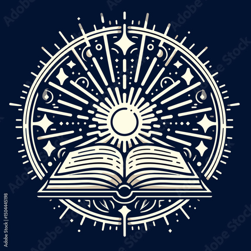 Artistic illustration of an open book with a radiant sun and starburst design