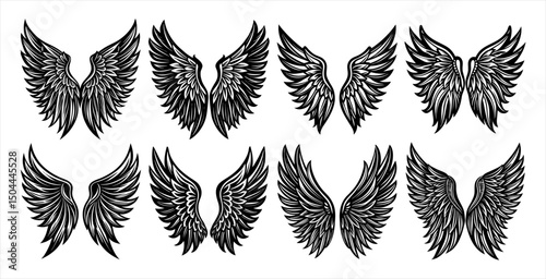 Stylized Angel and Bird Wing Vectors – Iconic Feather Silhouettes for Sacred Art, Logo Creation, Celestial Tattoo Designs, and Graphic Branding Elements.