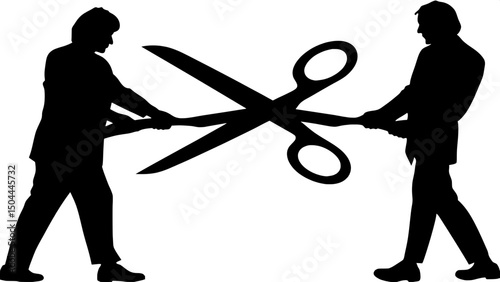 "Illustrate a conceptual tension scene where silhouetted business figures face the viewer while grappling with enormous scissors in blue and orange, all within a clean white background and balanced la
