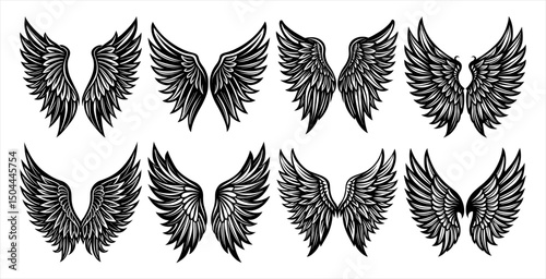 Heavenly Wings Vector Set – Beautiful Angel and Bird Wing Designs for Tattoo Artists, Graphic Designers, Fantasy Projects, and Celestial Branding Concepts.