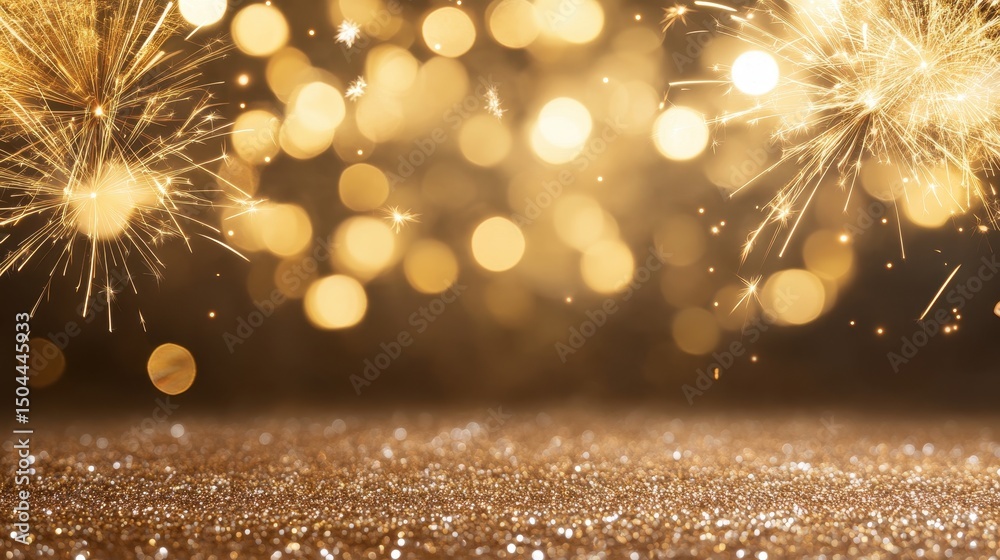 Fototapeta premium Glittering festive fireworks with golden bokeh background